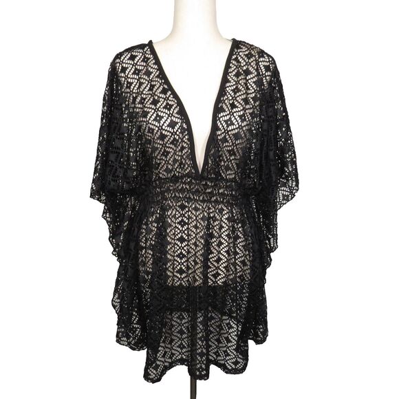 Miken Swim Black Crochet Batwing Sleeve Swim Cover Up Size XL - Picture 4 of 11